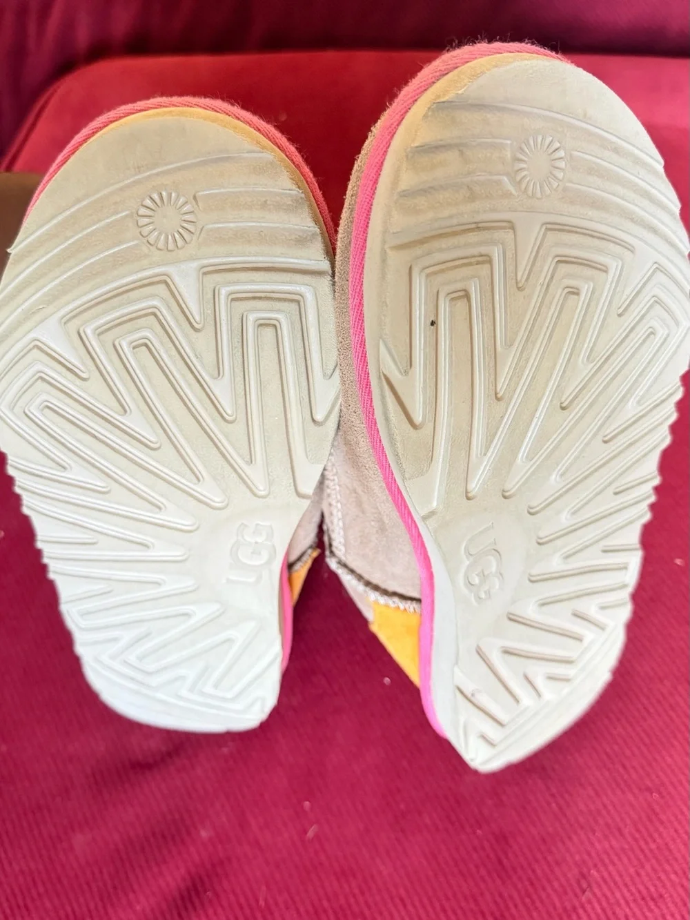 UGG Kids Tan Suede Boots with Pink Trim and Lime Accent